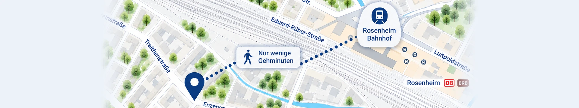 Illustrierte Umgebungskarte von Kosmed in Rosenheim mit Bahnhof und Standort an der Enzenspergerstraße